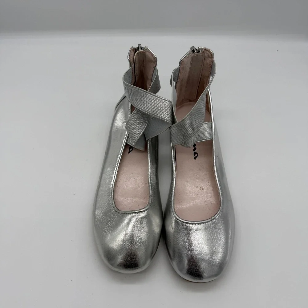 Nina Kids Silver Metallic Ballet Flats Elastic Ankle Straps Size 1M C205737